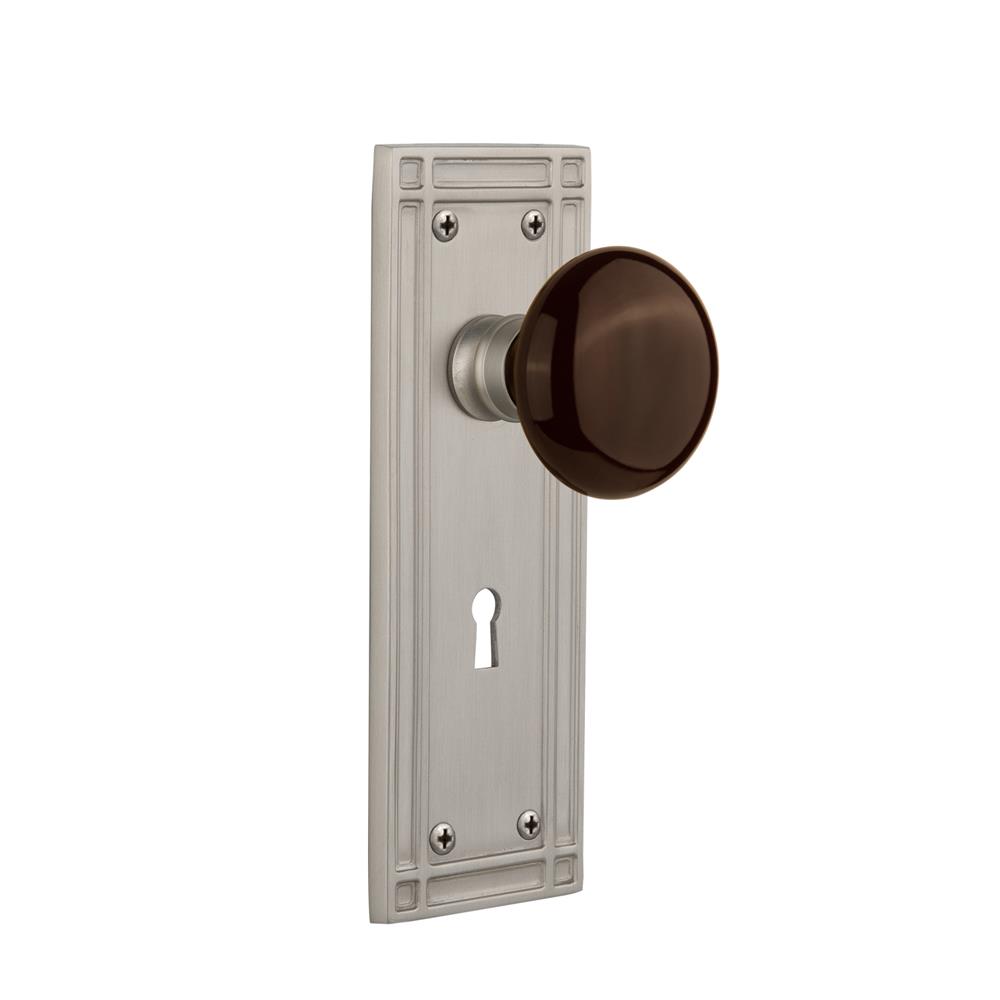 Nostalgic Warehouse MISBRN Passage Knob Mission Plate with Brown Porcelain Knob and Keyhole in Satin Nickel